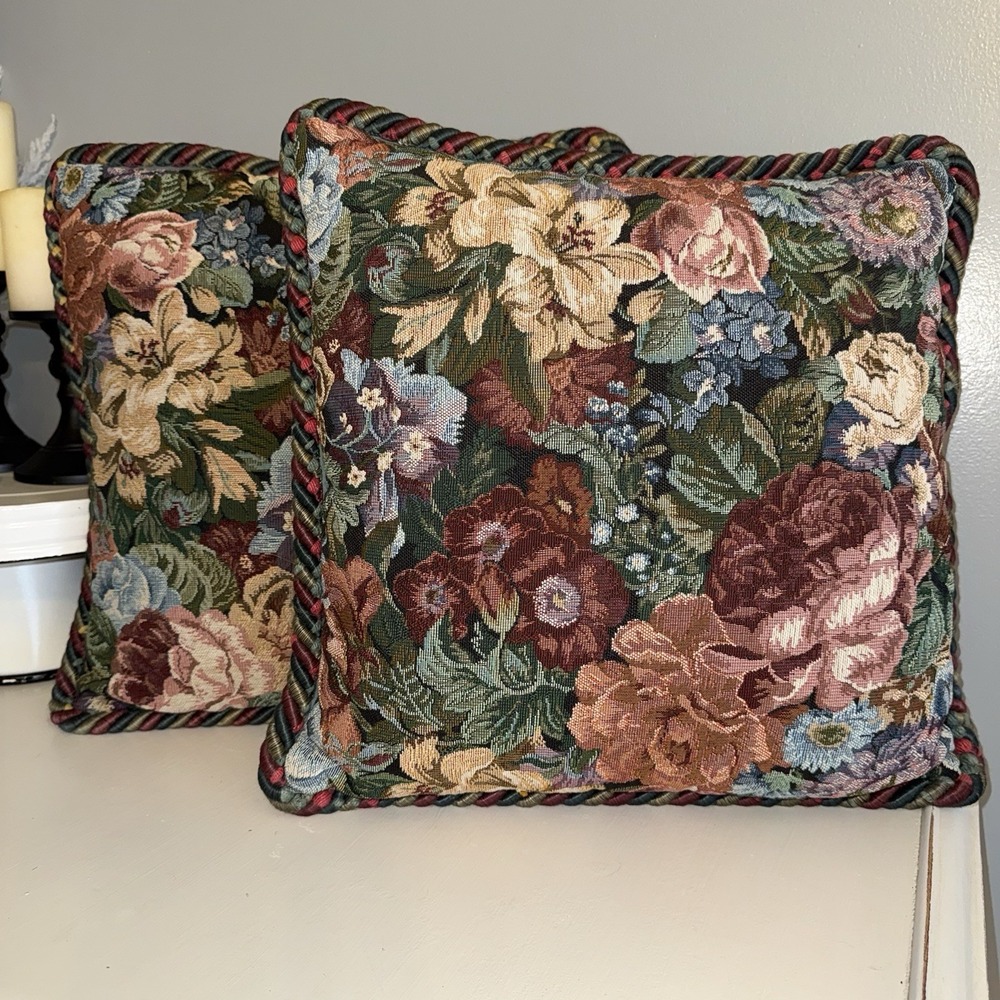 (2) Decorator Pillow French TAPESTRY Floral Vtg Braid 18x18" Cottage Granny Core